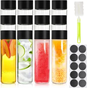12 Pack Glass Bottles with Lid, 12 OZ Reusable Glass Juice Bottle, 350ml Leakproof Water Beverage Container, Homemade Drink Jars for Tea Milk (Labels & Sponge Brush Included)
