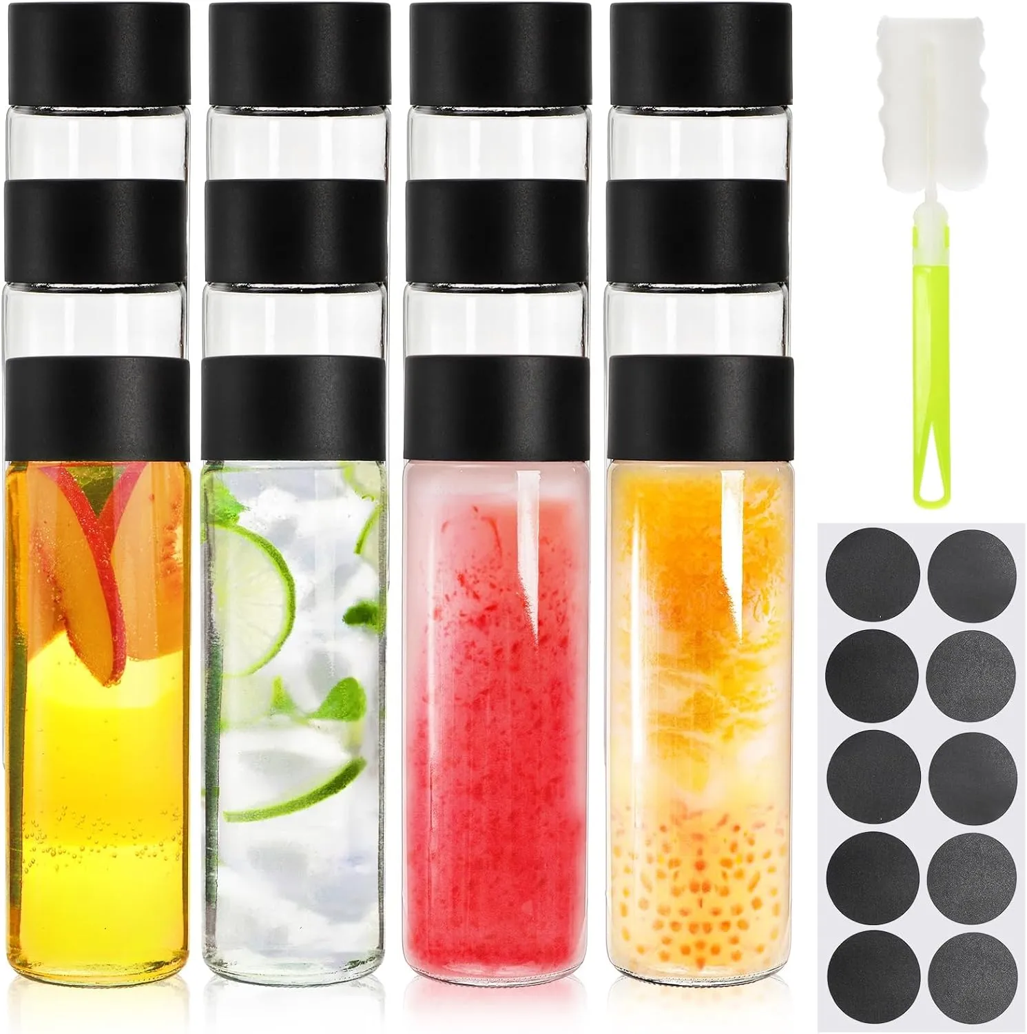 12 Pack Glass Bottles with Lid, 12 OZ Reusable Glass Juice Bottle, 350ml Leakproof Water Beverage Container, Homemade Drink Jars for Tea Milk (Labels & Sponge Brush Included)