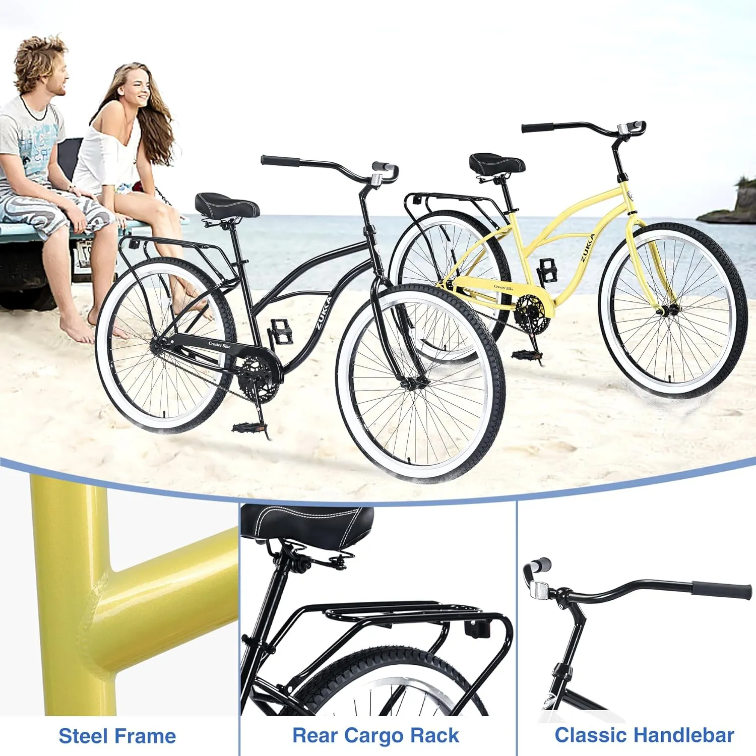 26 Inch Beach Cruiser Bike for Men, Single Speed Bicycles with Steel Frame, Wide Wheels and Rear Coaster Brakes, Commuter City Bike for Adults