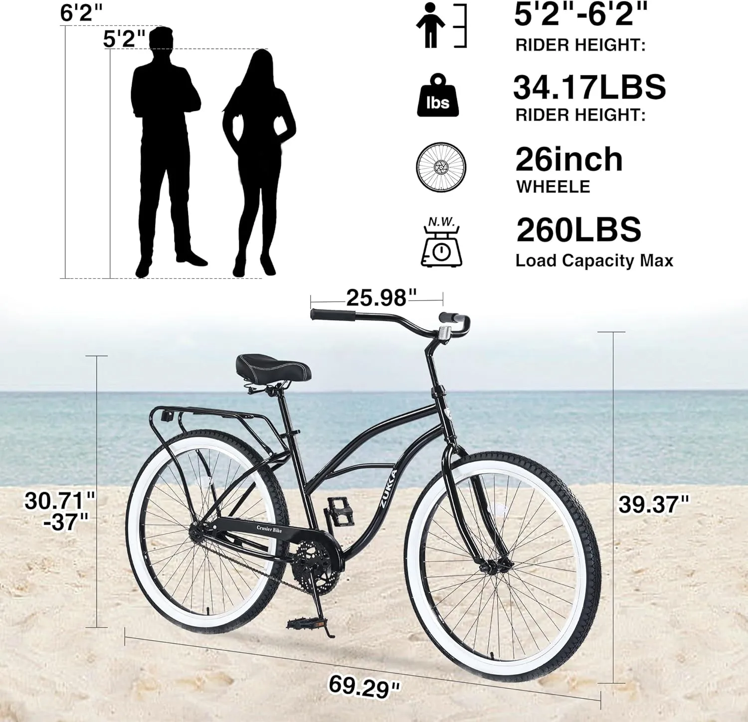 26 Inch Beach Cruiser Bike for Men, Single Speed Bicycles with Steel Frame, Wide Wheels and Rear Coaster Brakes, Commuter City Bike for Adults