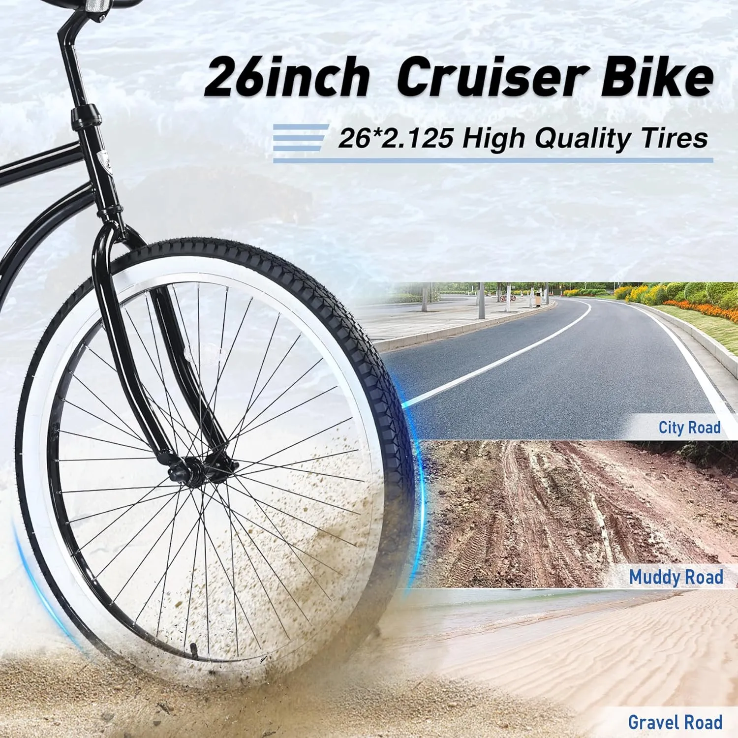 26 Inch Beach Cruiser Bike for Men, Single Speed Bicycles with Steel Frame, Wide Wheels and Rear Coaster Brakes, Commuter City Bike for Adults