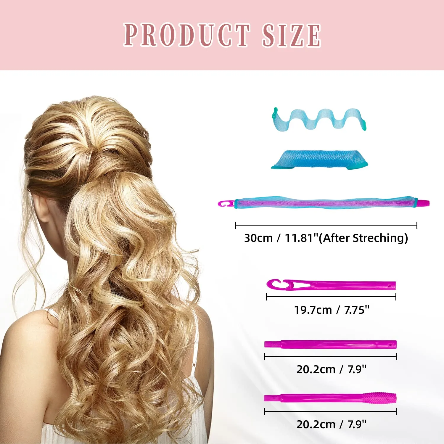 30pcs Heatless Hair Curlers Rollers Spiral Curls Styling Kit with 2 Sets Styling Hooks,No Heat Curlers for Women Girl's, pink, orange, blue, green, yellow and purple (12 Inch/30 cm)…