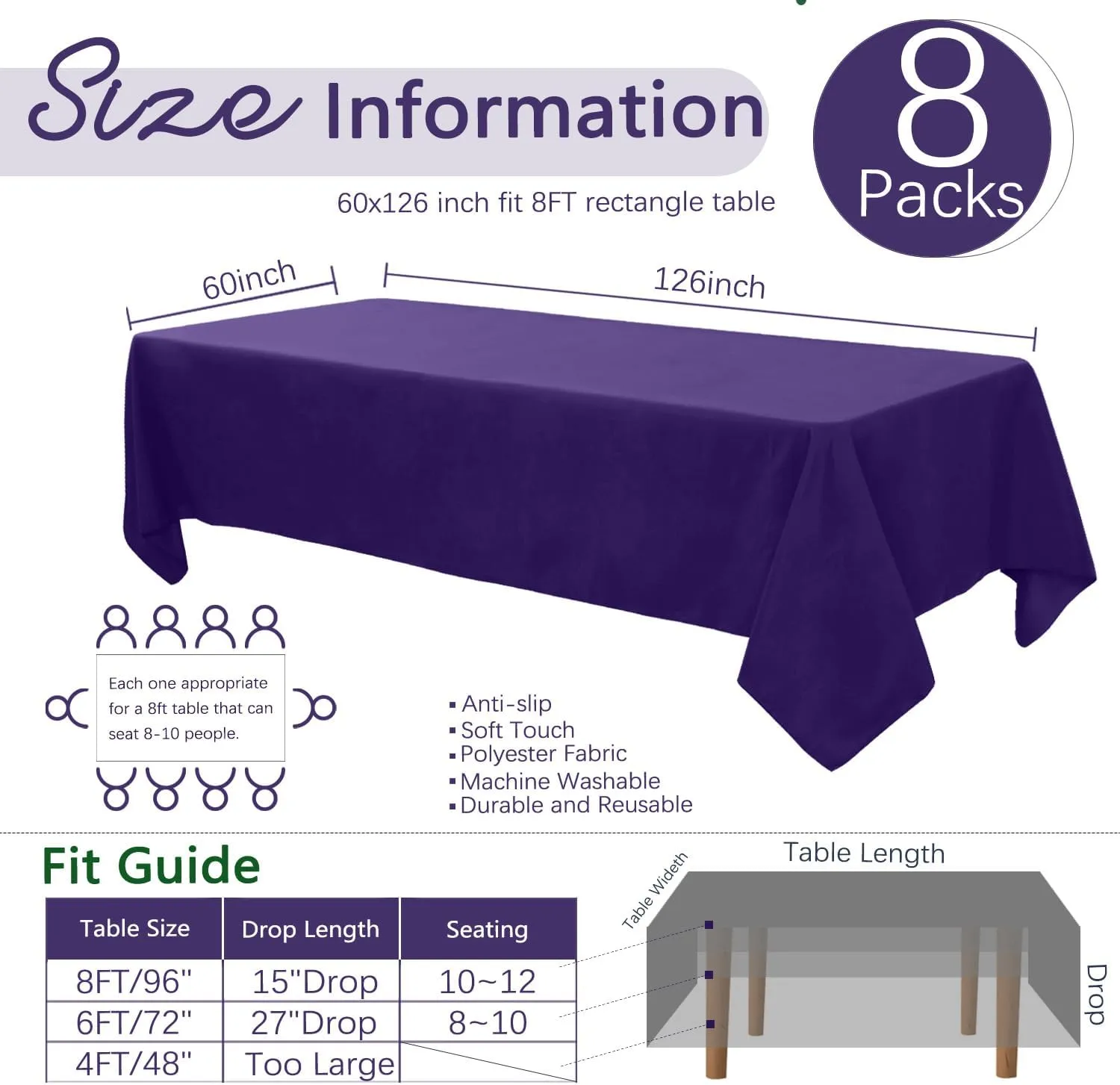 8 Pack Purple Tablecloth 60 x 126 Inch Polyester Table Cloth for 8 Foot Rectangle Tables, Wrinkle Resistant Washable Decorative Fabric Table Covers for Wedding Party Banquet Buffet and Camping