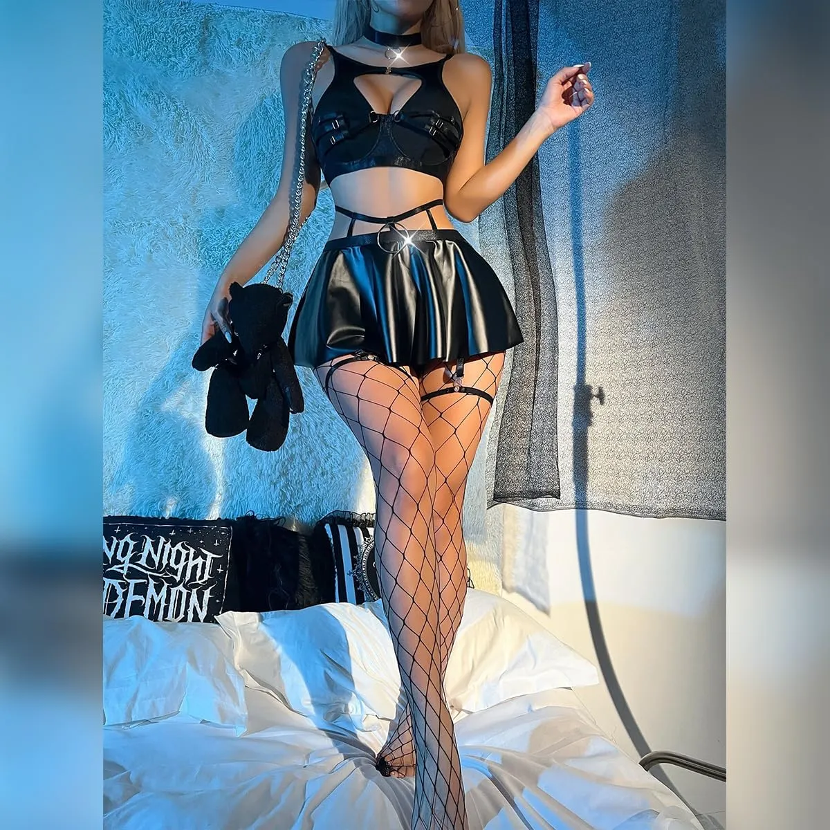 ABAFIP Women Rave Outfits Metallic Mini Skirt Cutout Crop Bra Top Choker Strappy Festival Dancewear set