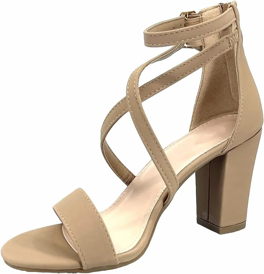 ABSOLEX Women Fashion Cross Strap Ankle Strap Open Toe Block High Heel Sandal Wedding/Party/Dressy/Formal Shoe