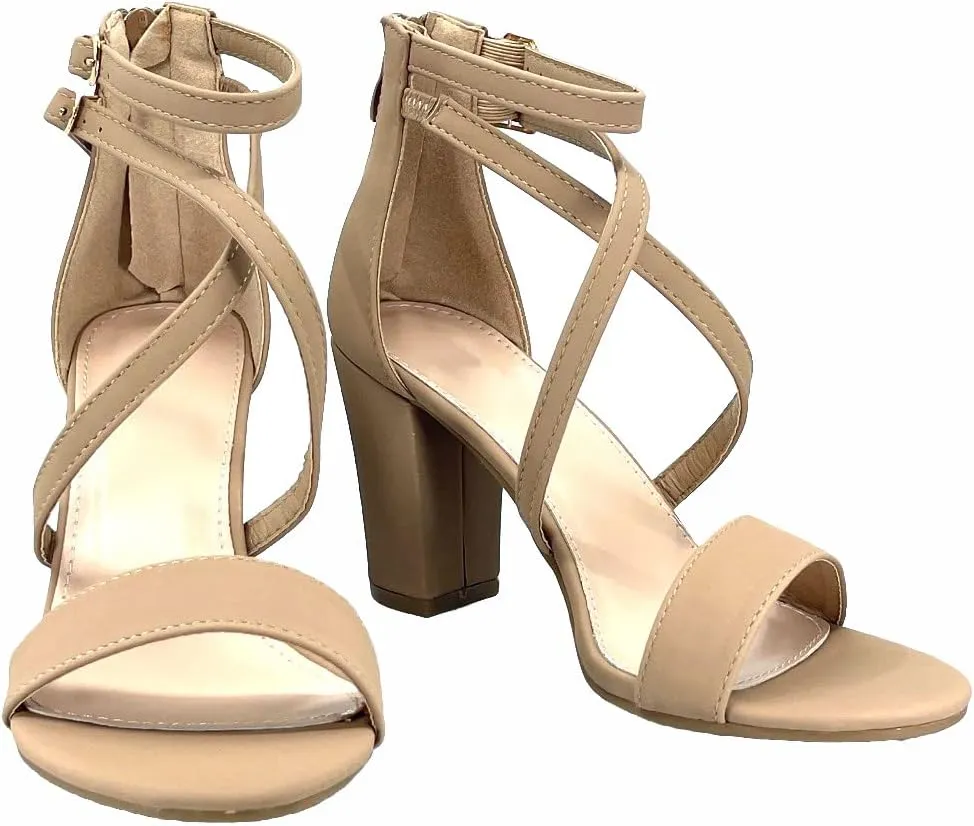ABSOLEX Women Fashion Cross Strap Ankle Strap Open Toe Block High Heel Sandal Wedding/Party/Dressy/Formal Shoe