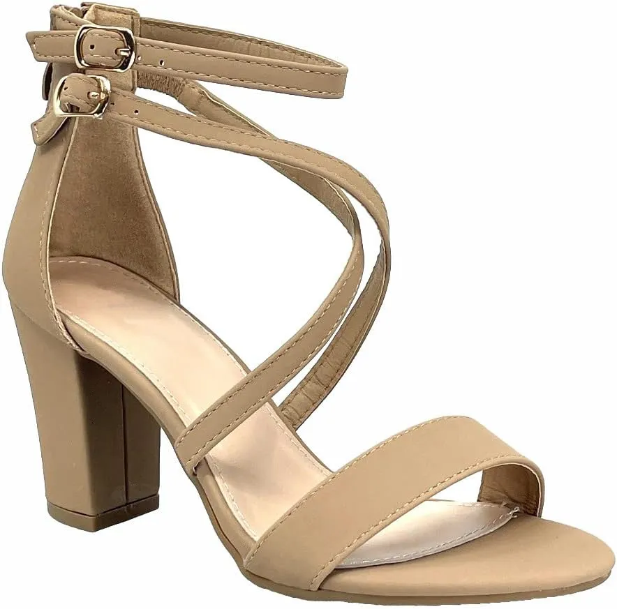ABSOLEX Women Fashion Cross Strap Ankle Strap Open Toe Block High Heel Sandal Wedding/Party/Dressy/Formal Shoe