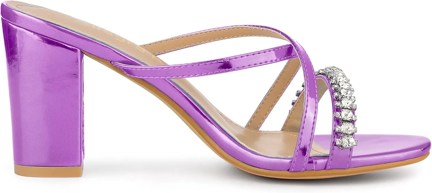 Allegra K Women's Crisscross Strap Rhinestone Block Heel Slide Sandals