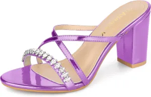 Allegra K Women's Crisscross Strap Rhinestone Block Heel Slide Sandals