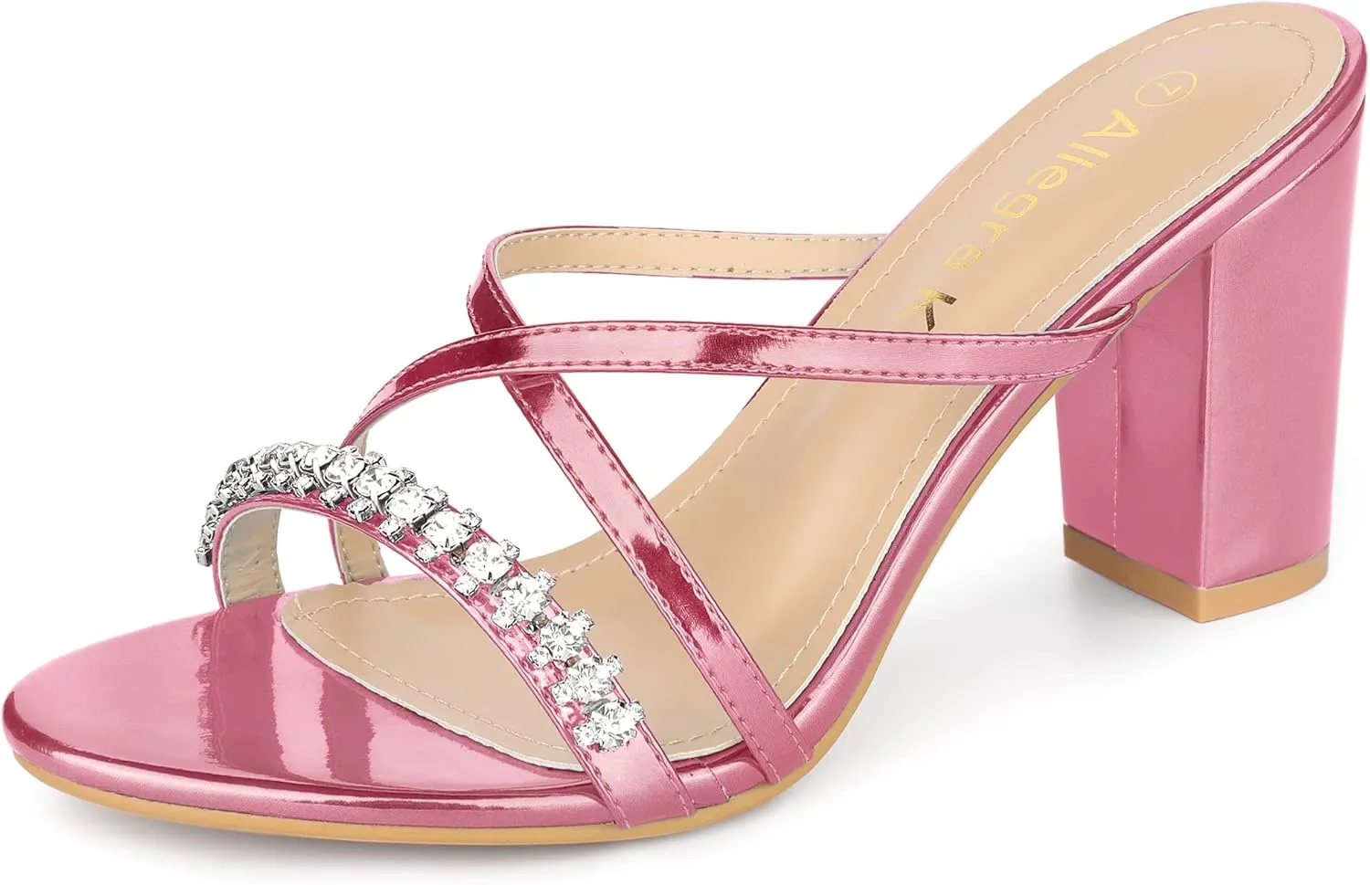 Allegra K Women's Crisscross Strap Rhinestone Block Heel Slide Sandals
