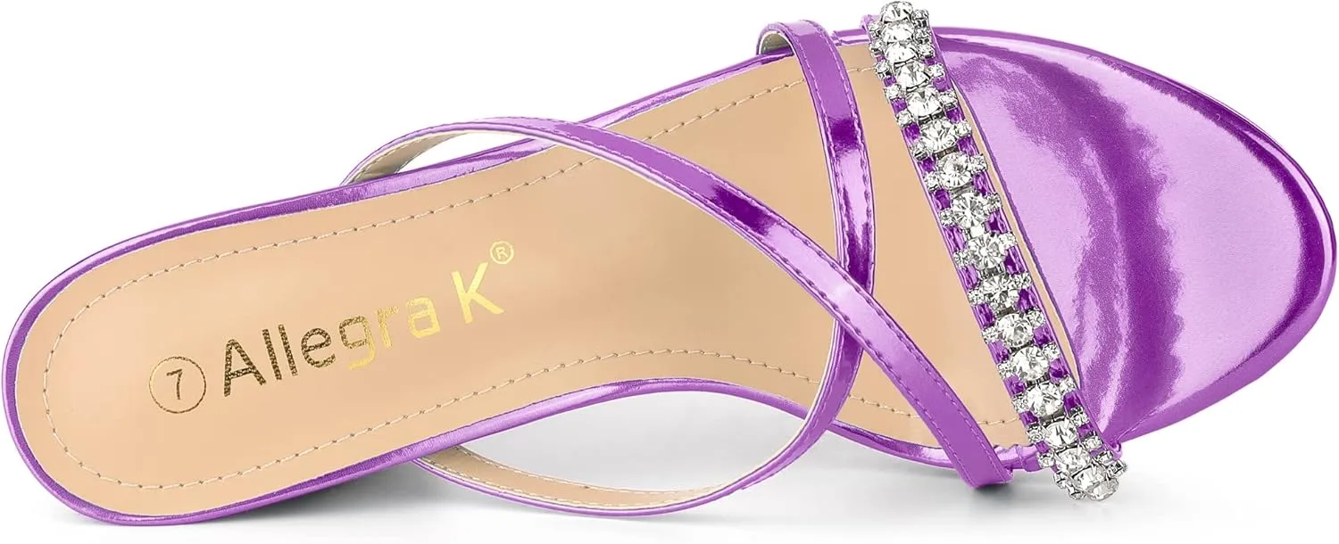 Allegra K Women's Crisscross Strap Rhinestone Block Heel Slide Sandals