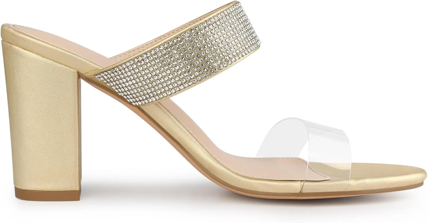 Allegra K Women's Rhinestones Heel Dual Clear Strap Chunky Heels Slide Sandals