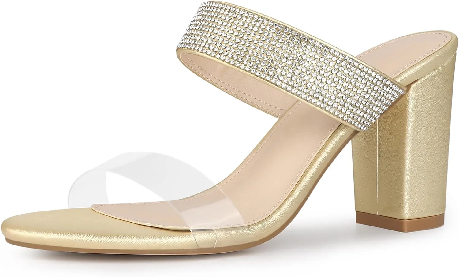 Allegra K Women's Rhinestones Heel Dual Clear Strap Chunky Heels Slide Sandals