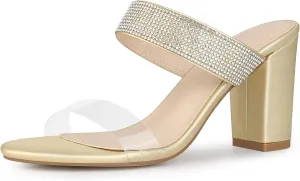Allegra K Women's Rhinestones Heel Dual Clear Strap Chunky Heels Slide Sandals