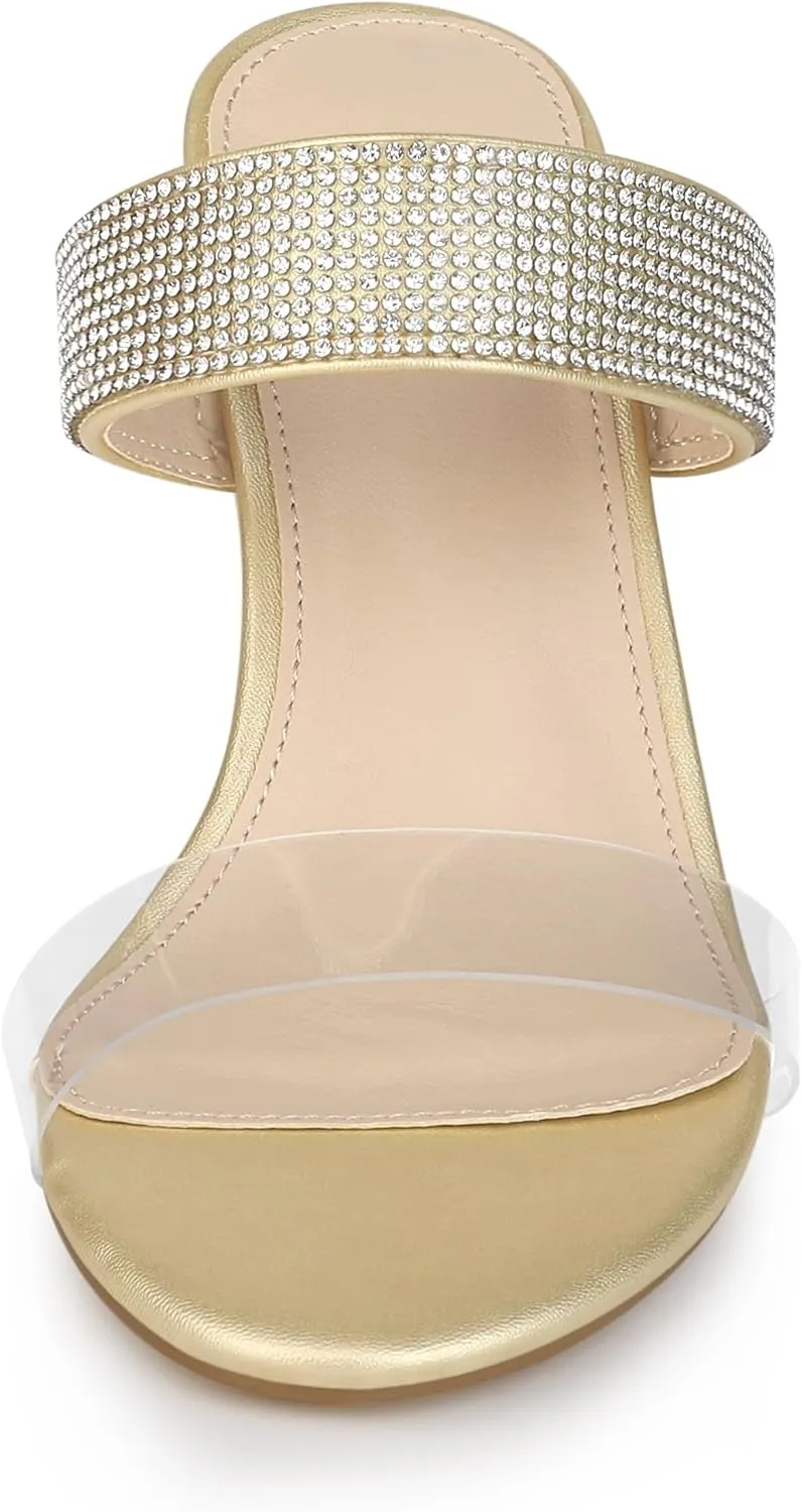 Allegra K Women's Rhinestones Heel Dual Clear Strap Chunky Heels Slide Sandals