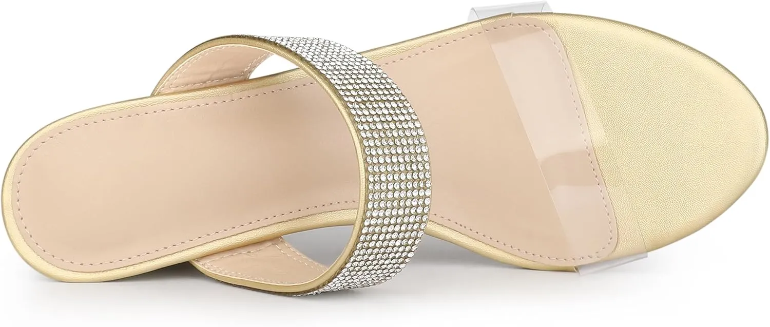 Allegra K Women's Rhinestones Heel Dual Clear Strap Chunky Heels Slide Sandals