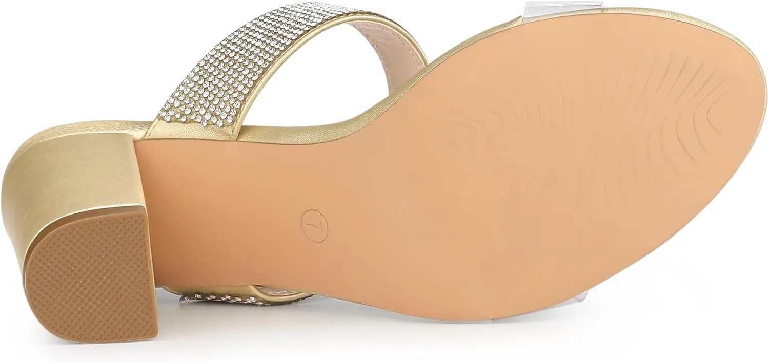 Allegra K Women's Rhinestones Heel Dual Clear Strap Chunky Heels Slide Sandals