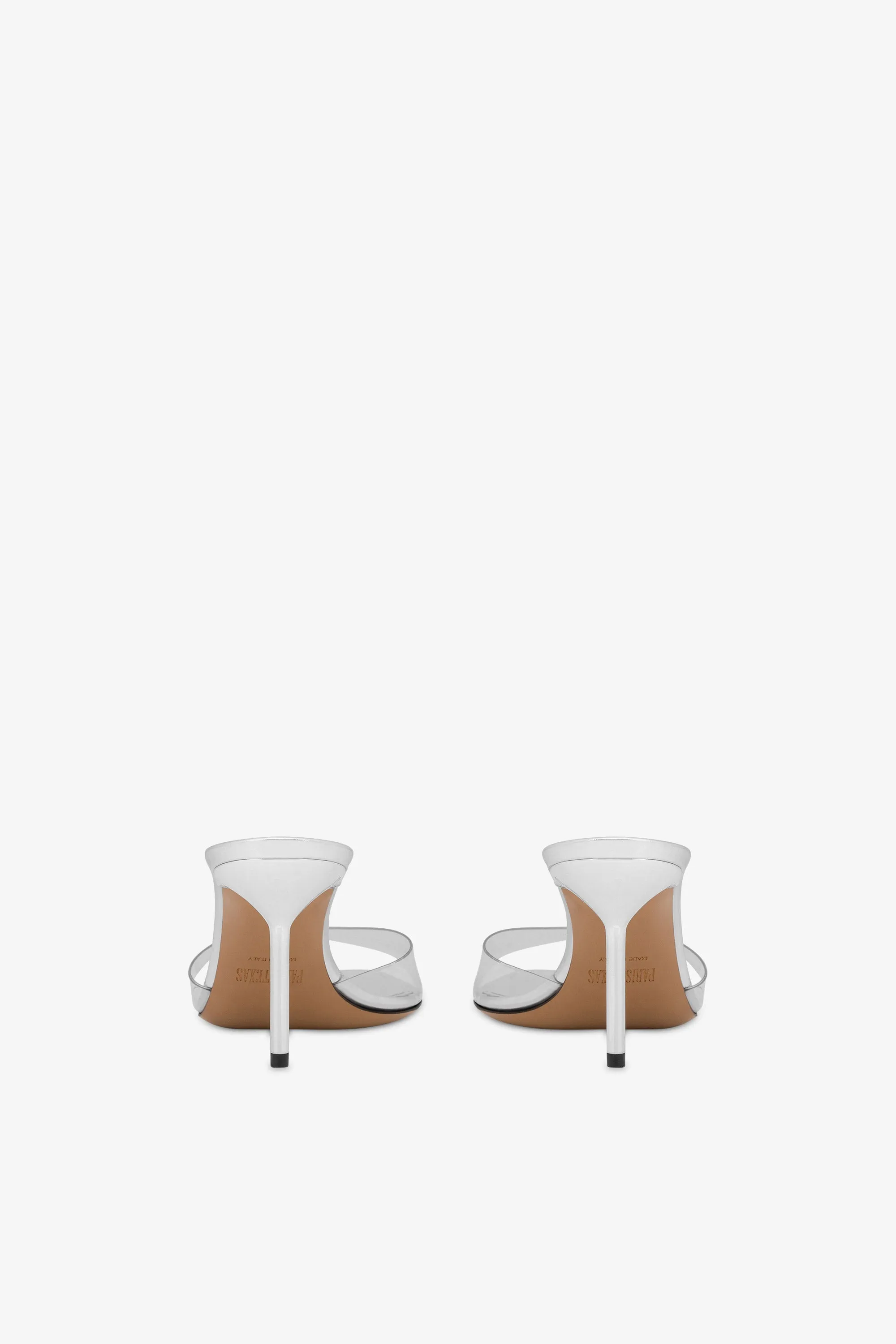 Almond-toe mules in supple silver PVC-mirror leather