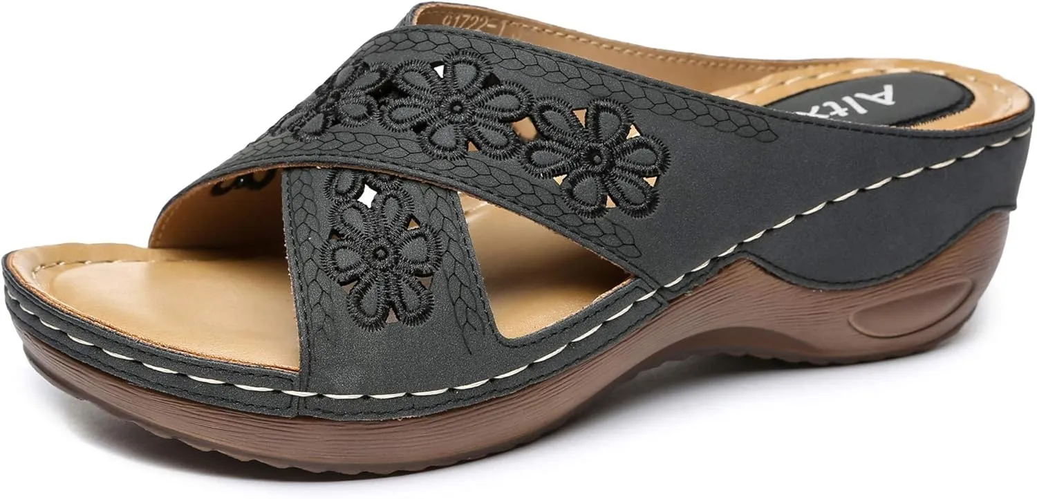 Altxic Women's Open Toe Crisscross Woven Comfy Casual Slip On Casual Walking Sport Slide Sandals With Adjustable Buckle Strap Summer Beach Shoe