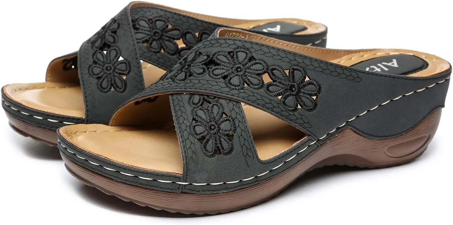 Altxic Women's Open Toe Crisscross Woven Comfy Casual Slip On Casual Walking Sport Slide Sandals With Adjustable Buckle Strap Summer Beach Shoe