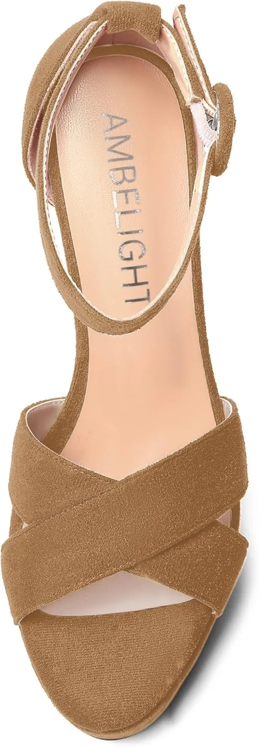 AMBELIGHT Womens Suede Heels Night Club Women Shoes Dress Platform Ankle Strap Open Toe Chunky High Heel Sandals 5 Inch