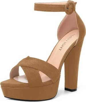 AMBELIGHT Womens Suede Heels Night Club Women Shoes Dress Platform Ankle Strap Open Toe Chunky High Heel Sandals 5 Inch