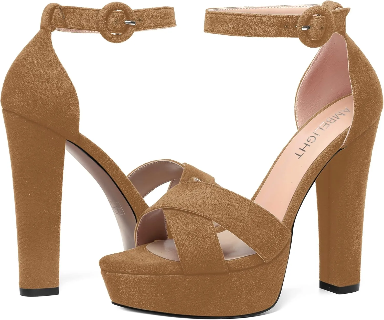 AMBELIGHT Womens Suede Heels Night Club Women Shoes Dress Platform Ankle Strap Open Toe Chunky High Heel Sandals 5 Inch
