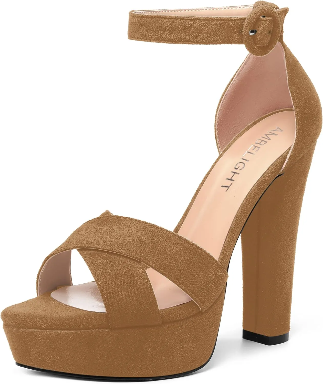 AMBELIGHT Womens Suede Heels Night Club Women Shoes Dress Platform Ankle Strap Open Toe Chunky High Heel Sandals 5 Inch