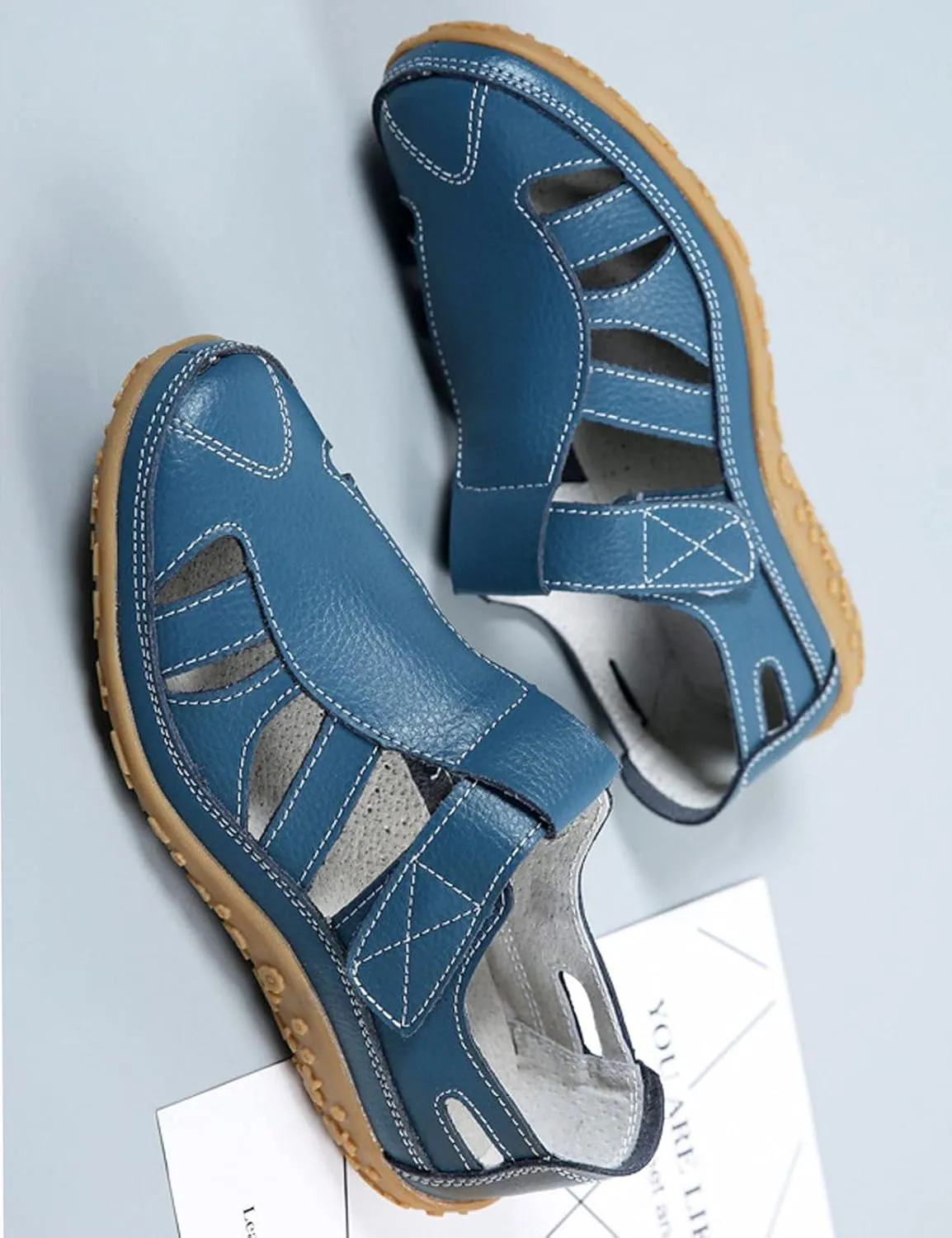 AngryMonkey Women's Casual Boho Gladiator Sandals,Summer Leather Comfort Softsole Closed Toe Ankle Strap Beach Shoes