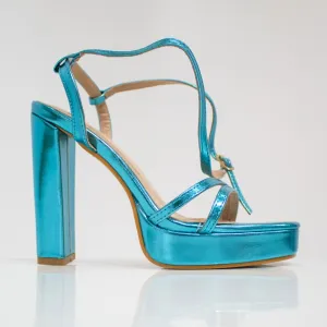 Aycra double band 11.5cm platform heel ankle strap sandal blue