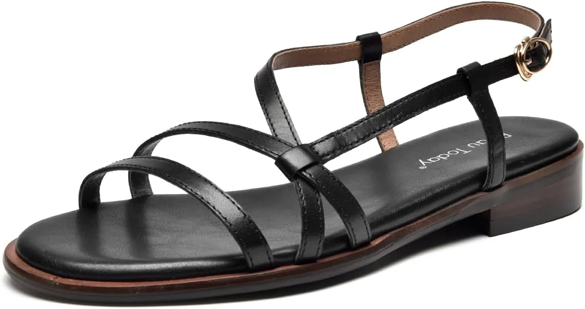 BEAU TODAY Flat Sandals for Women,Strappy Sandals for Women,Comfortable Leather Summer Sandals,Adjustable Casual Dressy Sandals with Open Toe for Vacation