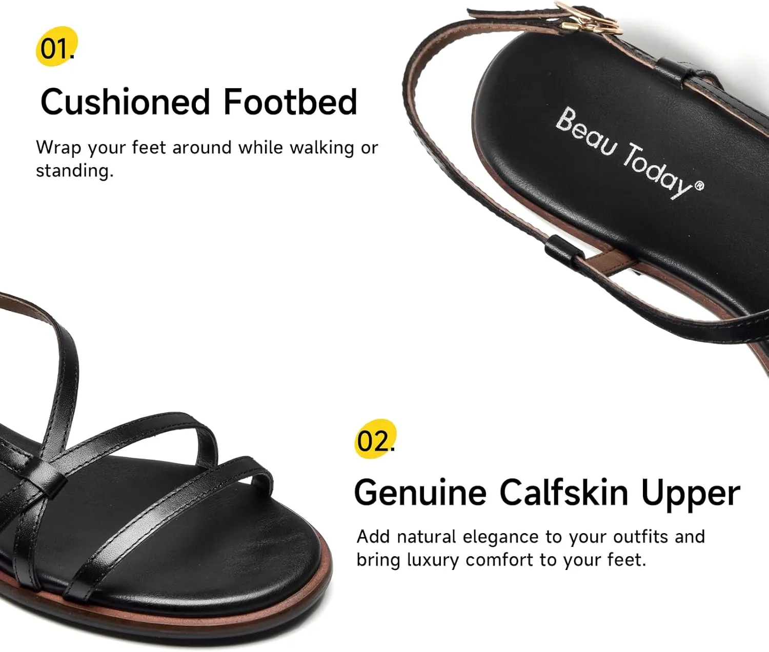BEAU TODAY Flat Sandals for Women,Strappy Sandals for Women,Comfortable Leather Summer Sandals,Adjustable Casual Dressy Sandals with Open Toe for Vacation