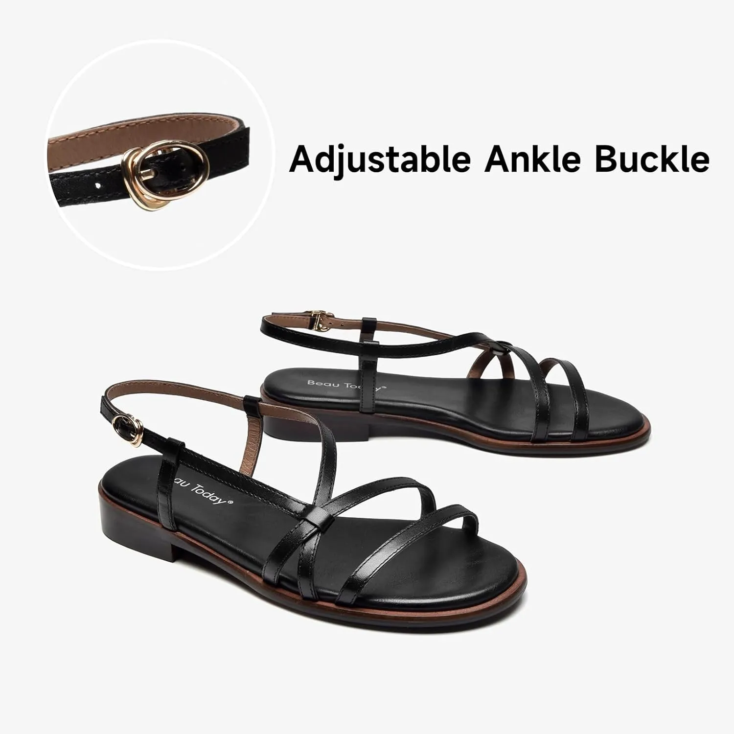 BEAU TODAY Flat Sandals for Women,Strappy Sandals for Women,Comfortable Leather Summer Sandals,Adjustable Casual Dressy Sandals with Open Toe for Vacation