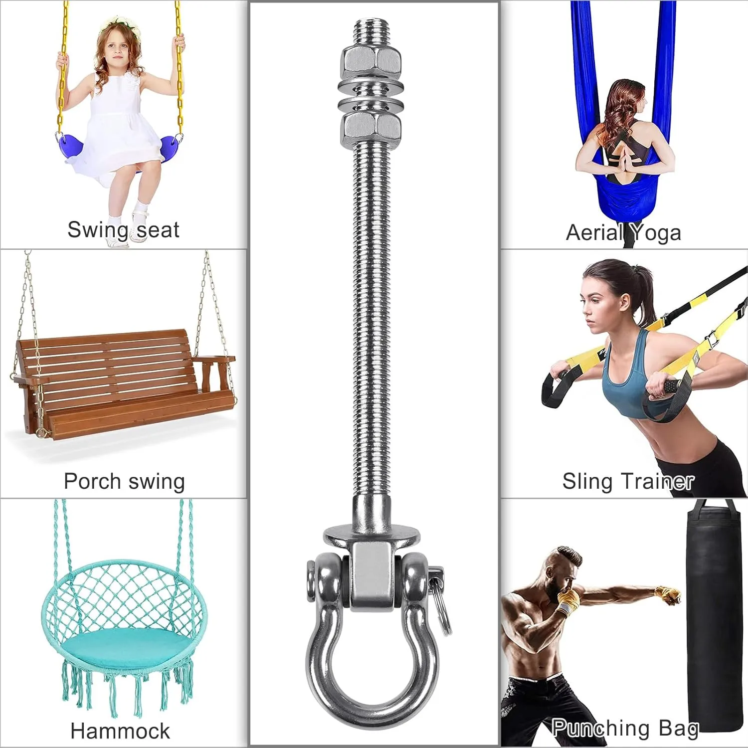 BeneLabel 6Pcs Wood Beam & I-Beam Hanger, Permanent Antirust Stainless Steel Heavy Duty Swing Hooks, Yoga Hammock Chair Sandbag, Swing Sets Hardware, 180° Swing, 7" x M2/5"
