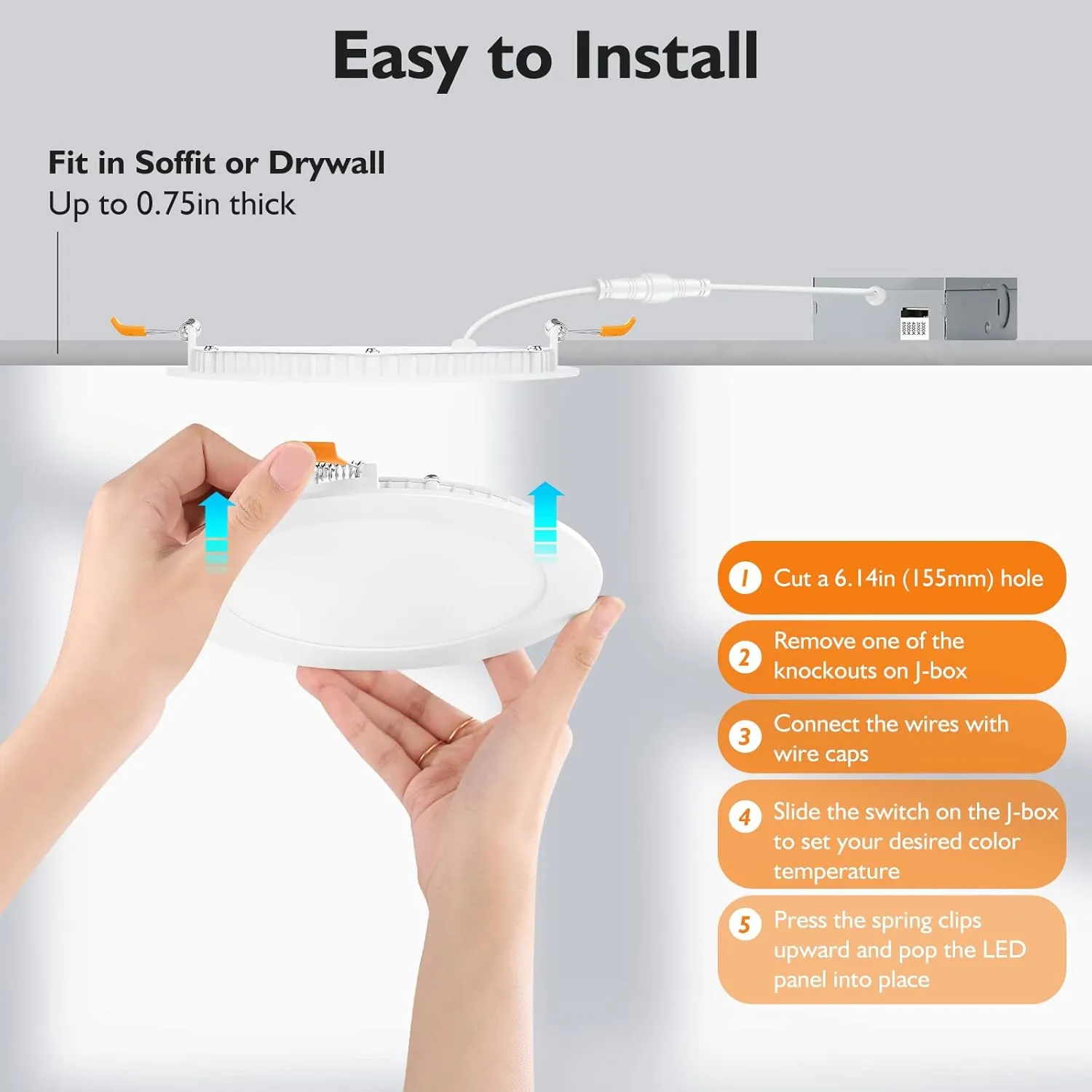 BesLowe 6 Packs 6 Inch 5CCT LED Recessed Ceiling Lights Ultra-Thin with Junction Box, 12W 150W Eqv, 3000K/3500K/4000K/5000K/6500K, 1200LM Dimmable Canless Downlights for Kitchen Hallway Dining Room