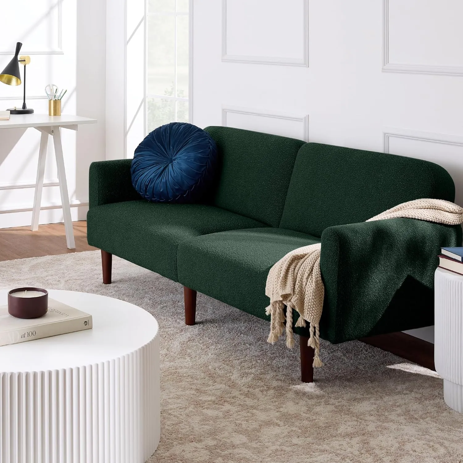 Best Choice Products 77" Mid Century Modern Boucle Loveseat Sofa, Couch, Convertible Sofa Sleeper Bed w/Real Wood, Removable Armrest - Evergreen