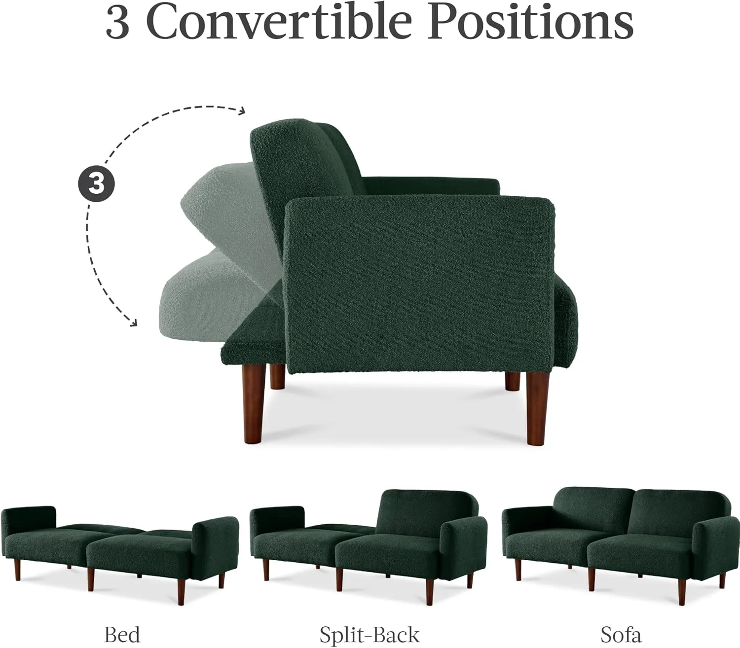 Best Choice Products 77" Mid Century Modern Boucle Loveseat Sofa, Couch, Convertible Sofa Sleeper Bed w/Real Wood, Removable Armrest - Evergreen