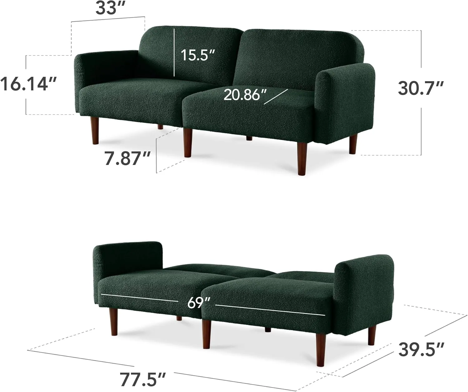 Best Choice Products 77" Mid Century Modern Boucle Loveseat Sofa, Couch, Convertible Sofa Sleeper Bed w/Real Wood, Removable Armrest - Evergreen