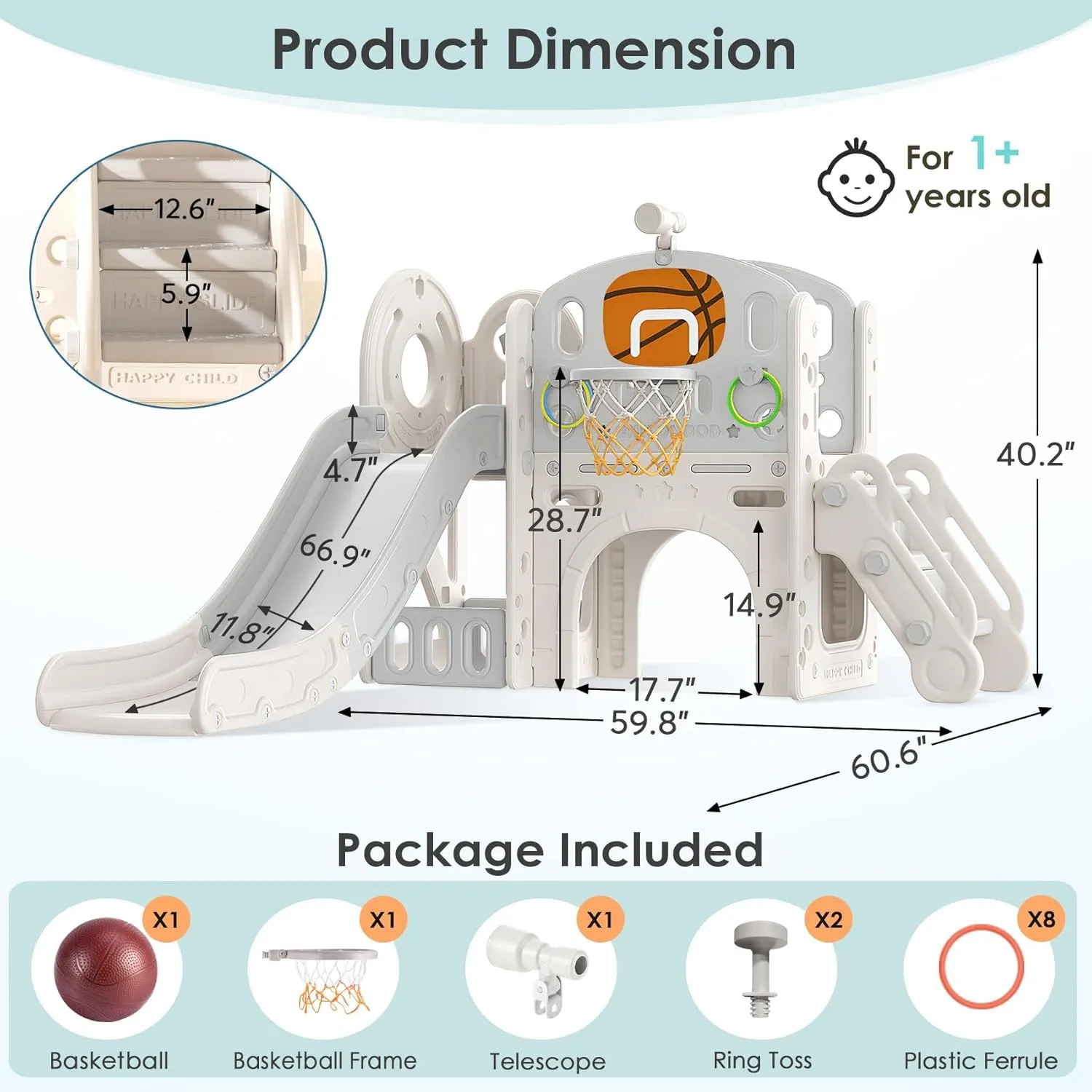 BIERUM 9 in 1 Toddler Slide, Kid Slide for Toddlers Age 1-3 with Ring Toss, Basketball Hoop, and Telescope, Indoor Outdoor Playset Playground Beige Gray