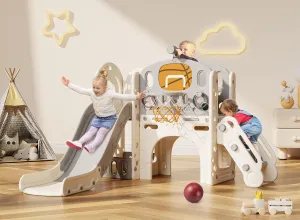 BIERUM 9 in 1 Toddler Slide, Kid Slide for Toddlers Age 1-3 with Ring Toss, Basketball Hoop, and Telescope, Indoor Outdoor Playset Playground Beige Gray