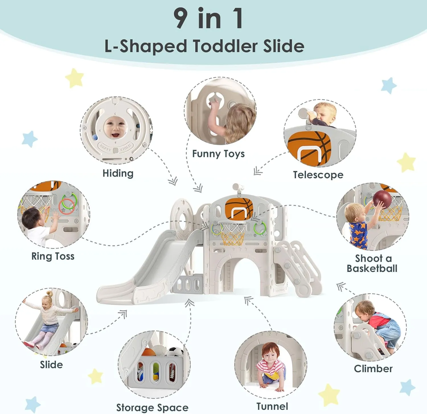 BIERUM 9 in 1 Toddler Slide, Kid Slide for Toddlers Age 1-3 with Ring Toss, Basketball Hoop, and Telescope, Indoor Outdoor Playset Playground Beige Gray