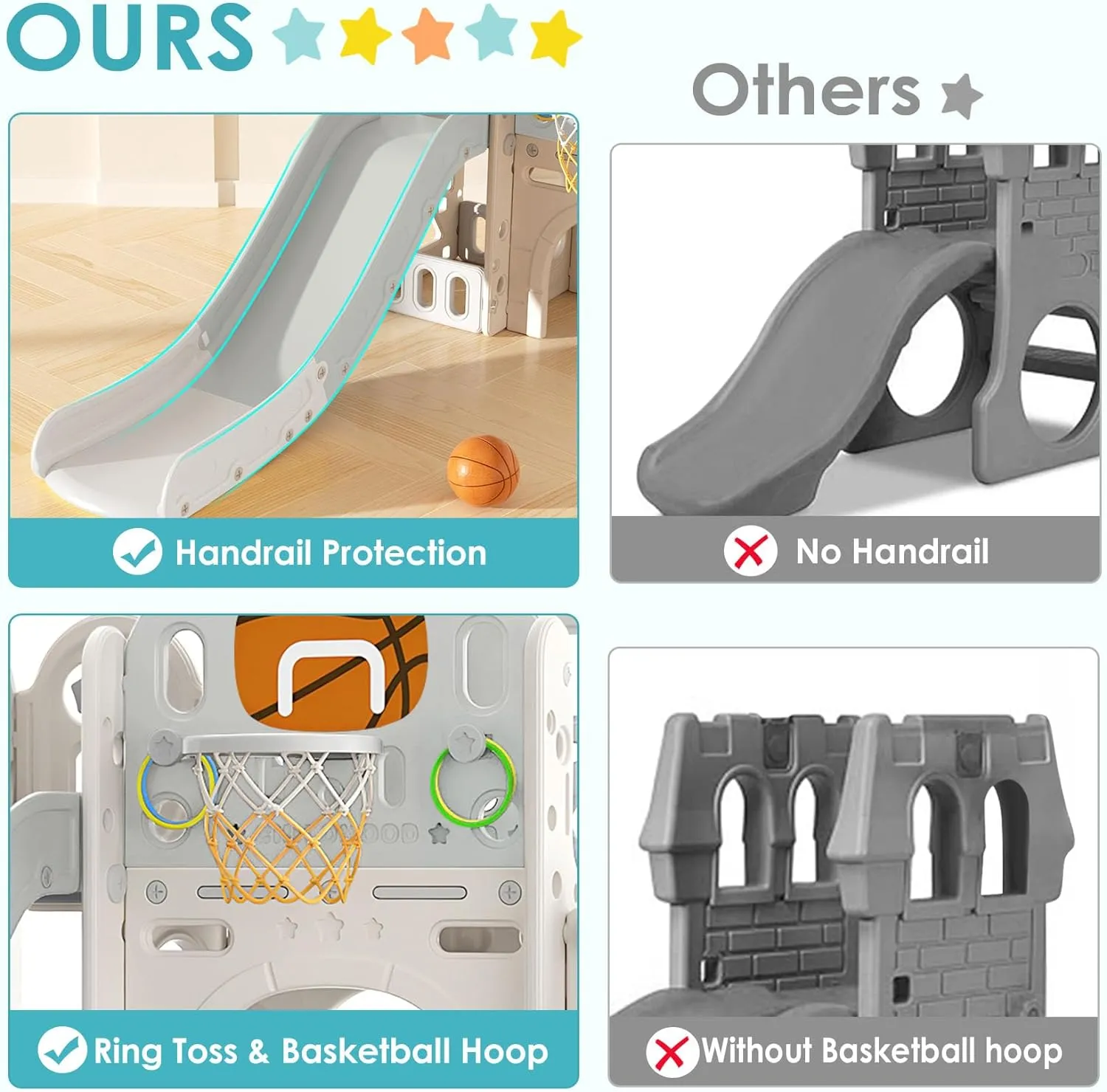 BIERUM 9 in 1 Toddler Slide, Kid Slide for Toddlers Age 1-3 with Ring Toss, Basketball Hoop, and Telescope, Indoor Outdoor Playset Playground Beige Gray