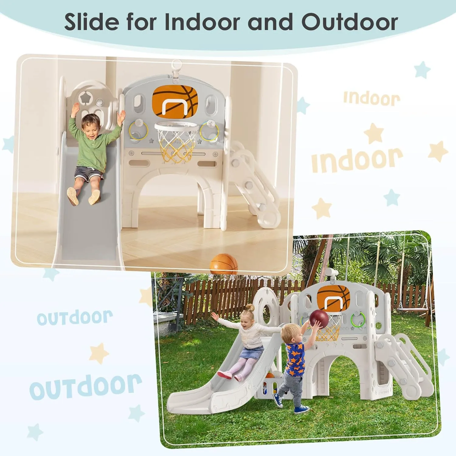 BIERUM 9 in 1 Toddler Slide, Kid Slide for Toddlers Age 1-3 with Ring Toss, Basketball Hoop, and Telescope, Indoor Outdoor Playset Playground Beige Gray