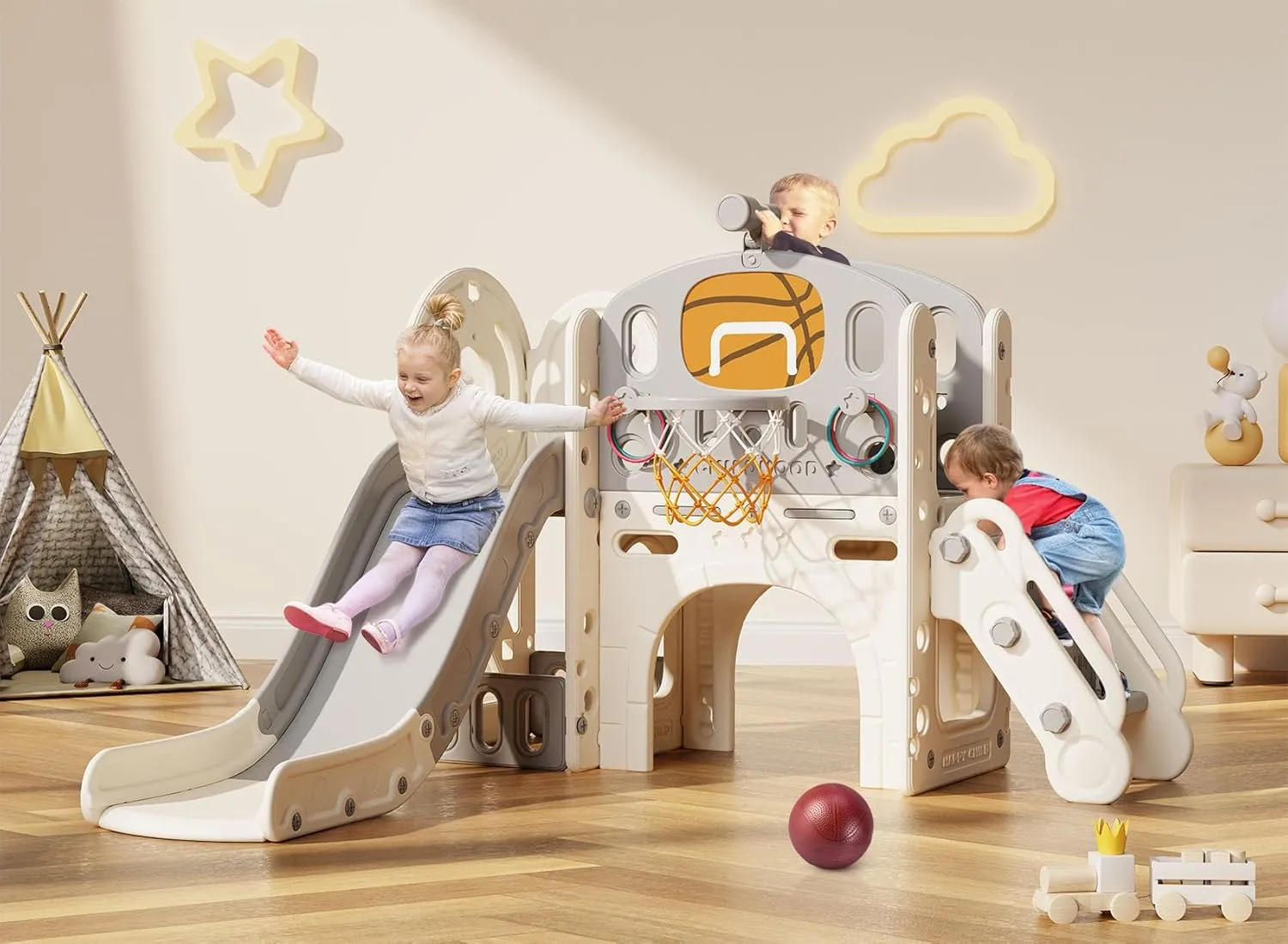 BIERUM 9 in 1 Toddler Slide, Kid Slide for Toddlers Age 1-3 with Ring Toss, Basketball Hoop, and Telescope, Indoor Outdoor Playset Playground Beige Gray