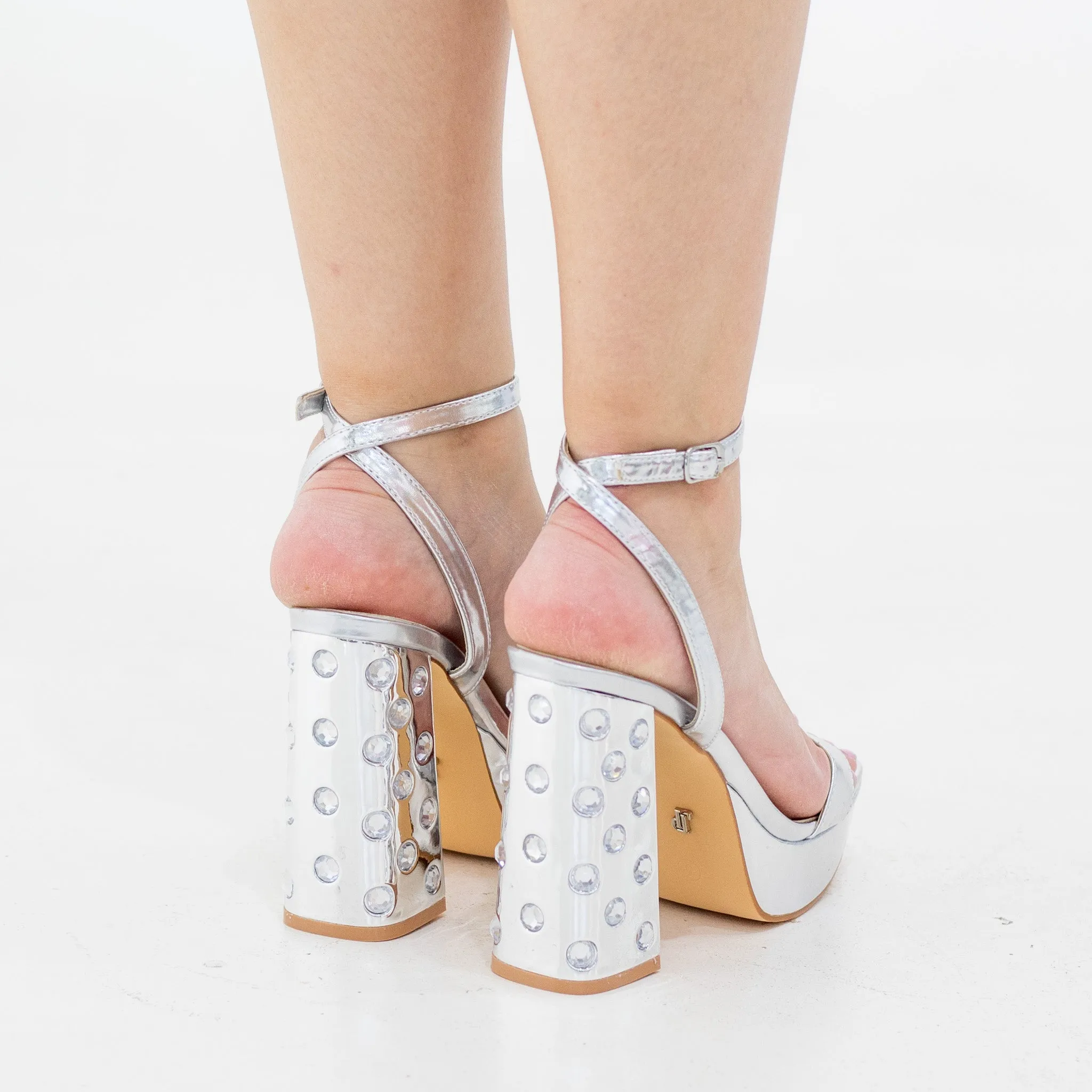 Bimala one band ankle strap sandal on 11cm stoned platform heel silver