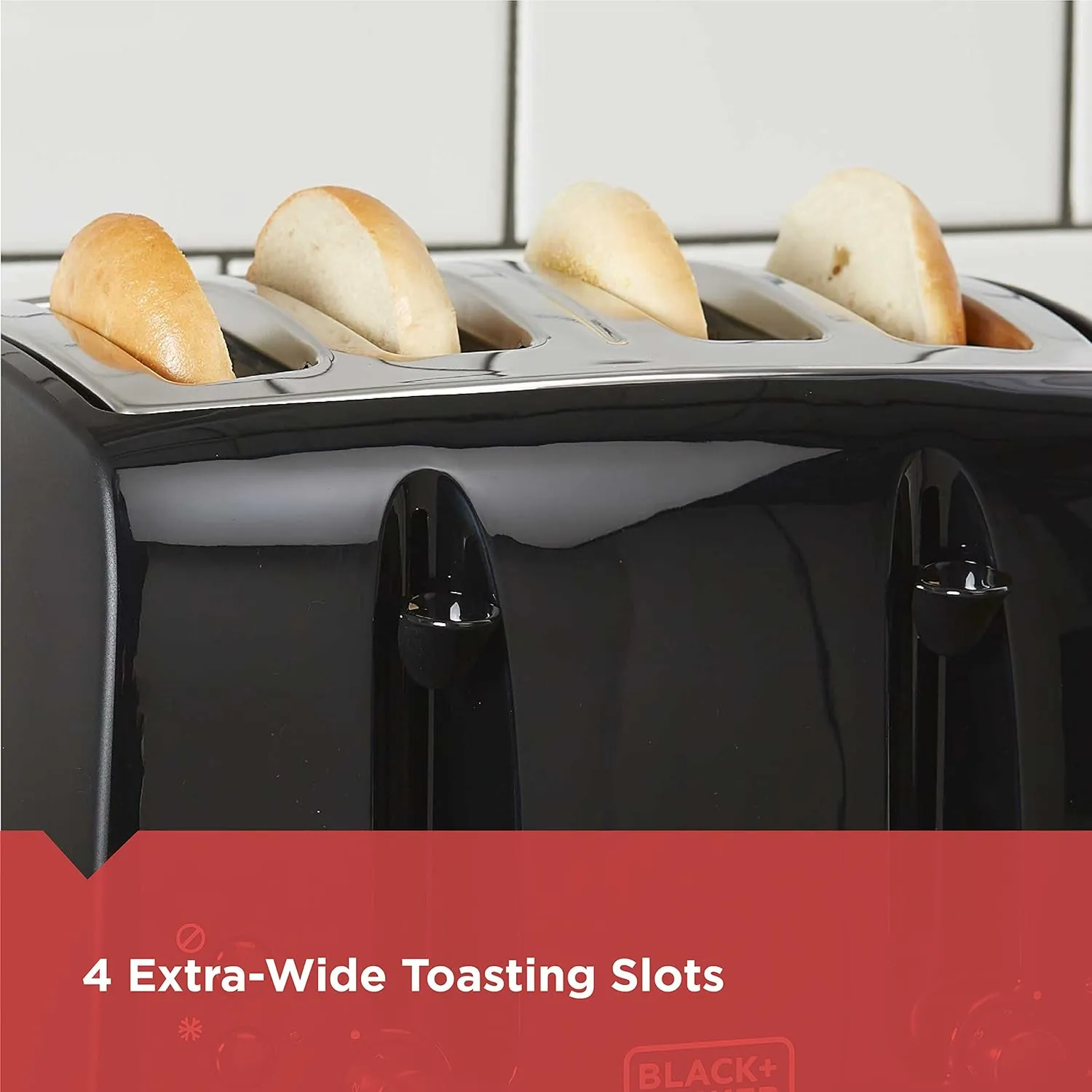 BLACK DECKER 4-Slice Toaster, TR1410BD, Extra-Wide, 7 Shade Settings, Crumb Trays, Gloss Black