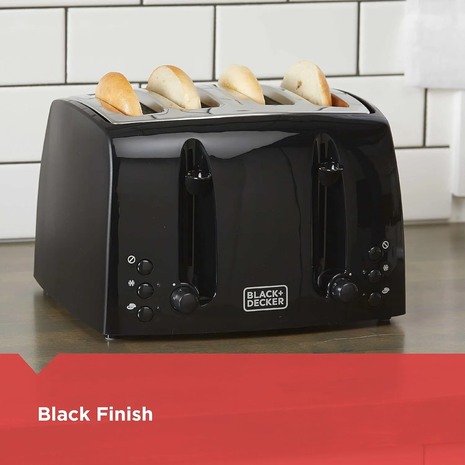 BLACK DECKER 4-Slice Toaster, TR1410BD, Extra-Wide, 7 Shade Settings, Crumb Trays, Gloss Black