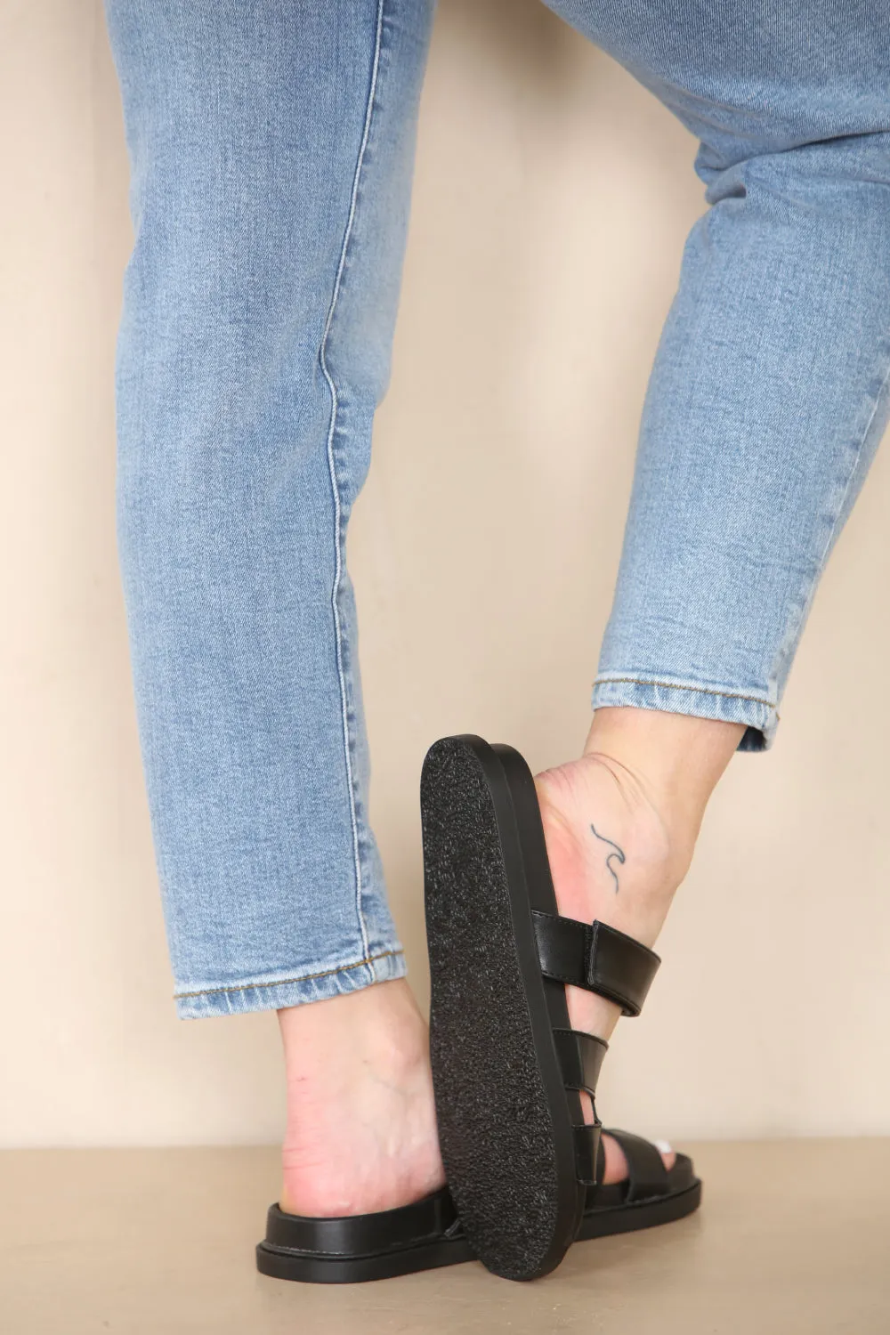 Black PU Designer Strap Sandals
