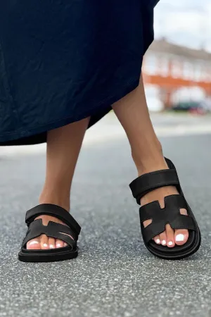 Black PU Designer Strap Sandals