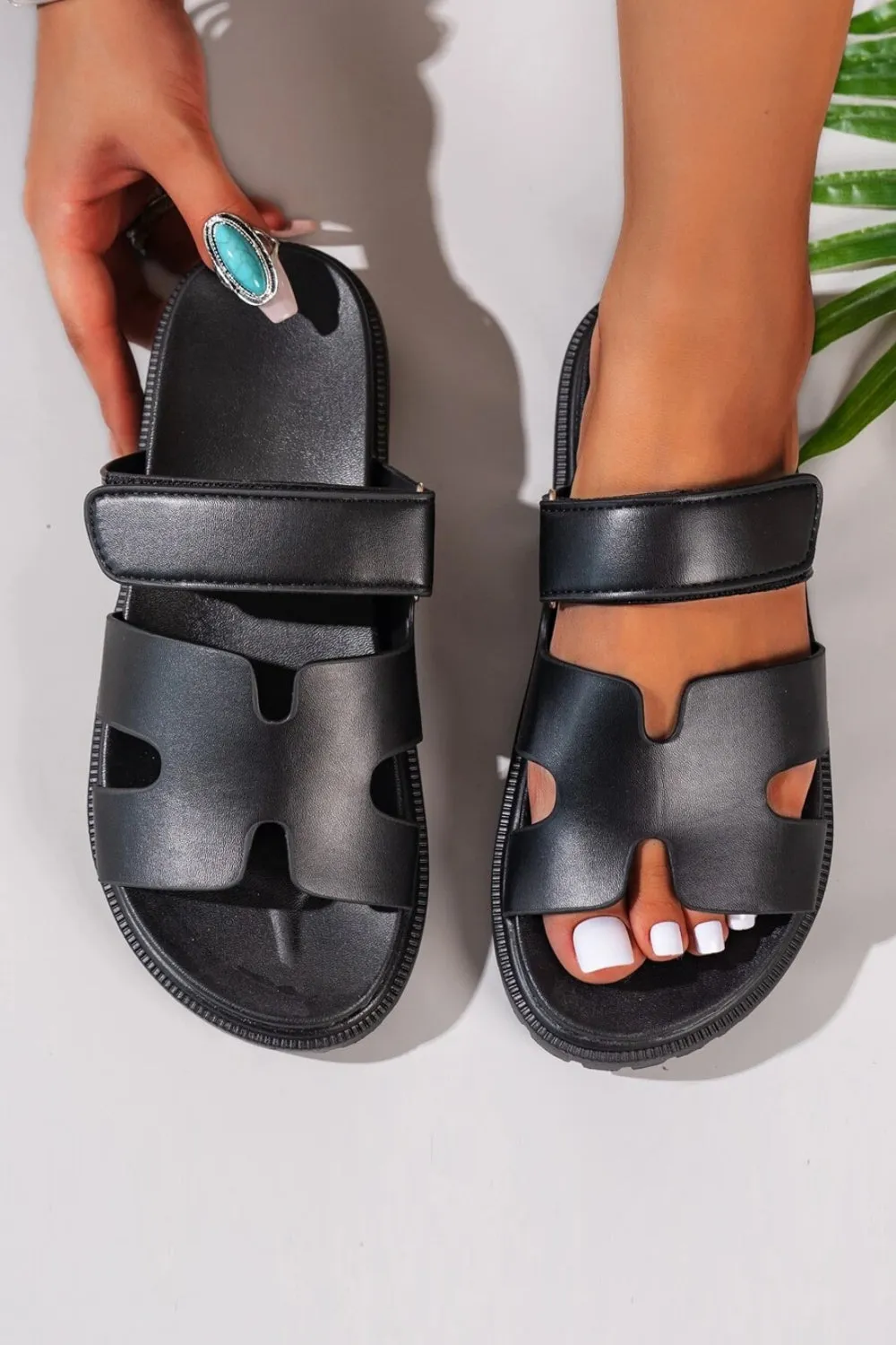Black PU Designer Strap Sandals